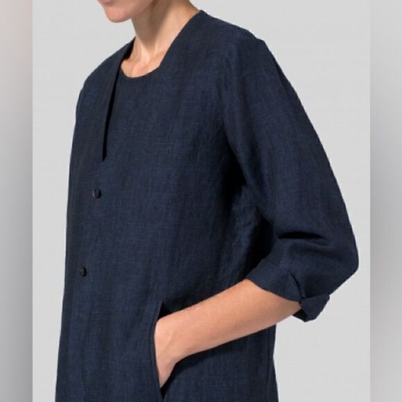 Vivid Linen Straight Fit Button Front Long Jacket - Picture 7 of 9